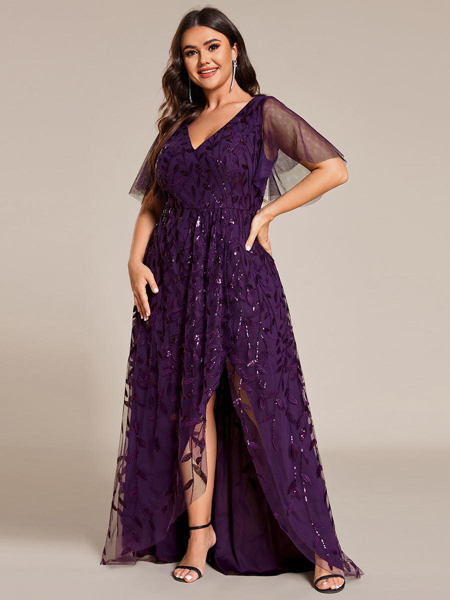 Robes de soirée pailletées à col en V et fente haute #Couleur_Violet Fonce