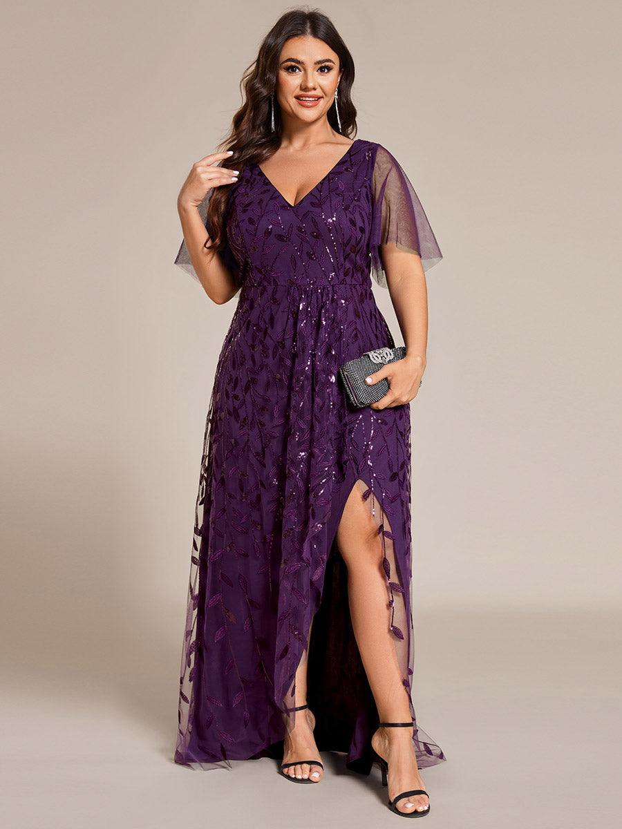 Robes de soirée pailletées à col en V et fente haute #Couleur_Violet Fonce