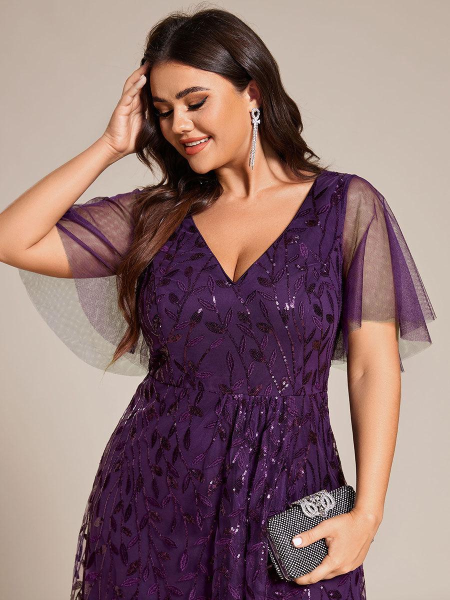 Robes de soirée pailletées à col en V et fente haute #Couleur_Violet Fonce