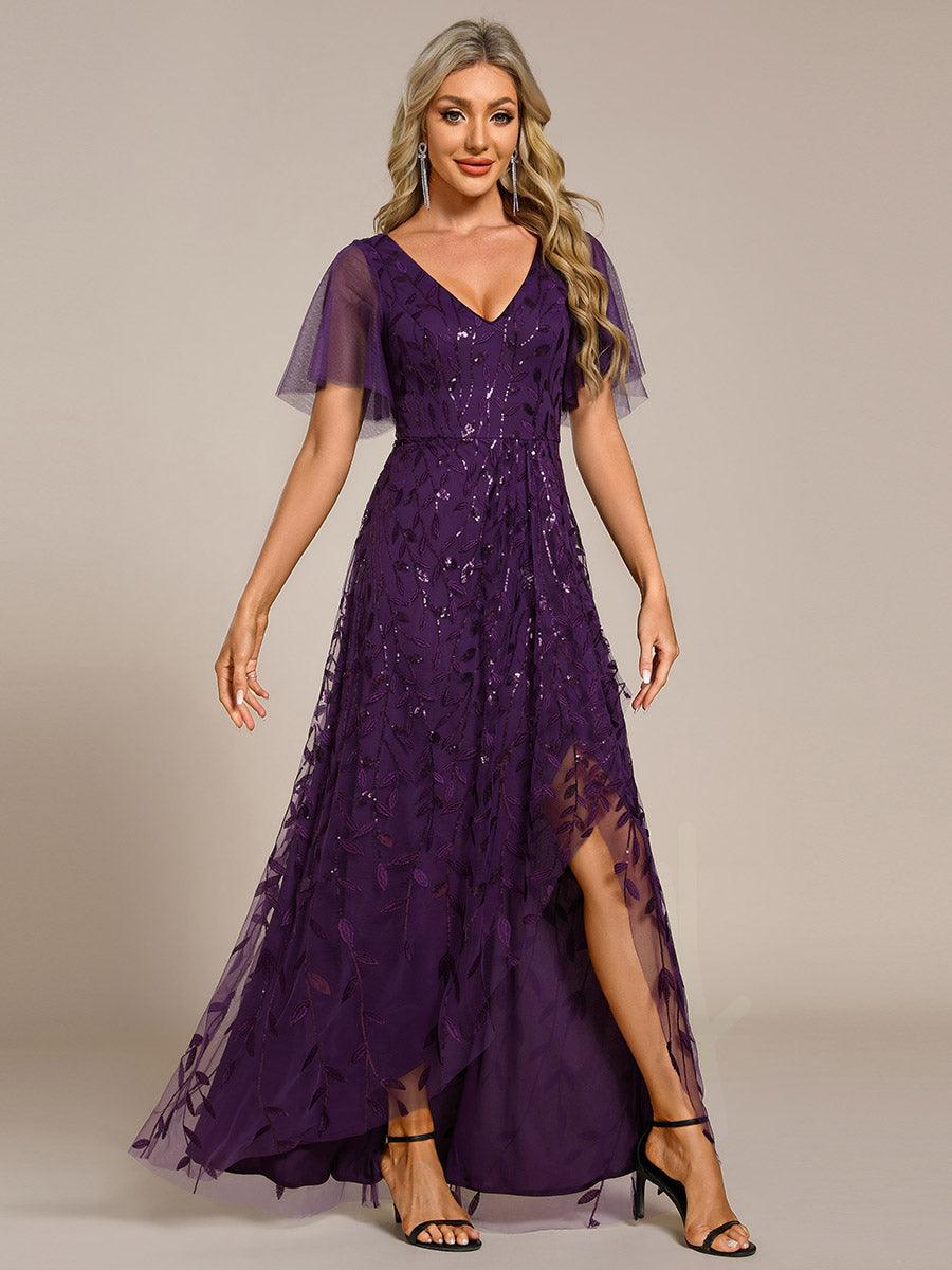 Robes de soirée pailletées à col en V et fente haute #Couleur_Violet Fonce