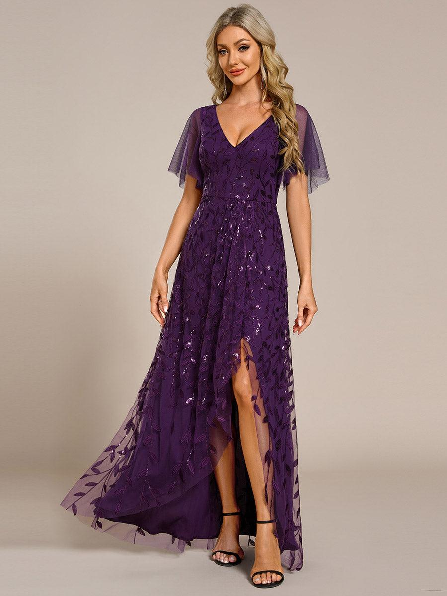Robes de soirée pailletées à col en V et fente haute #Couleur_Violet Fonce