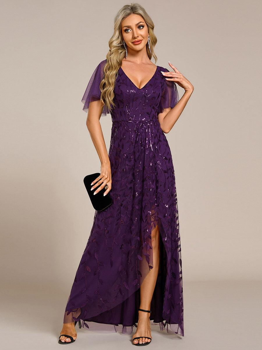 Robes de soirée pailletées à col en V et fente haute #Couleur_Violet Fonce