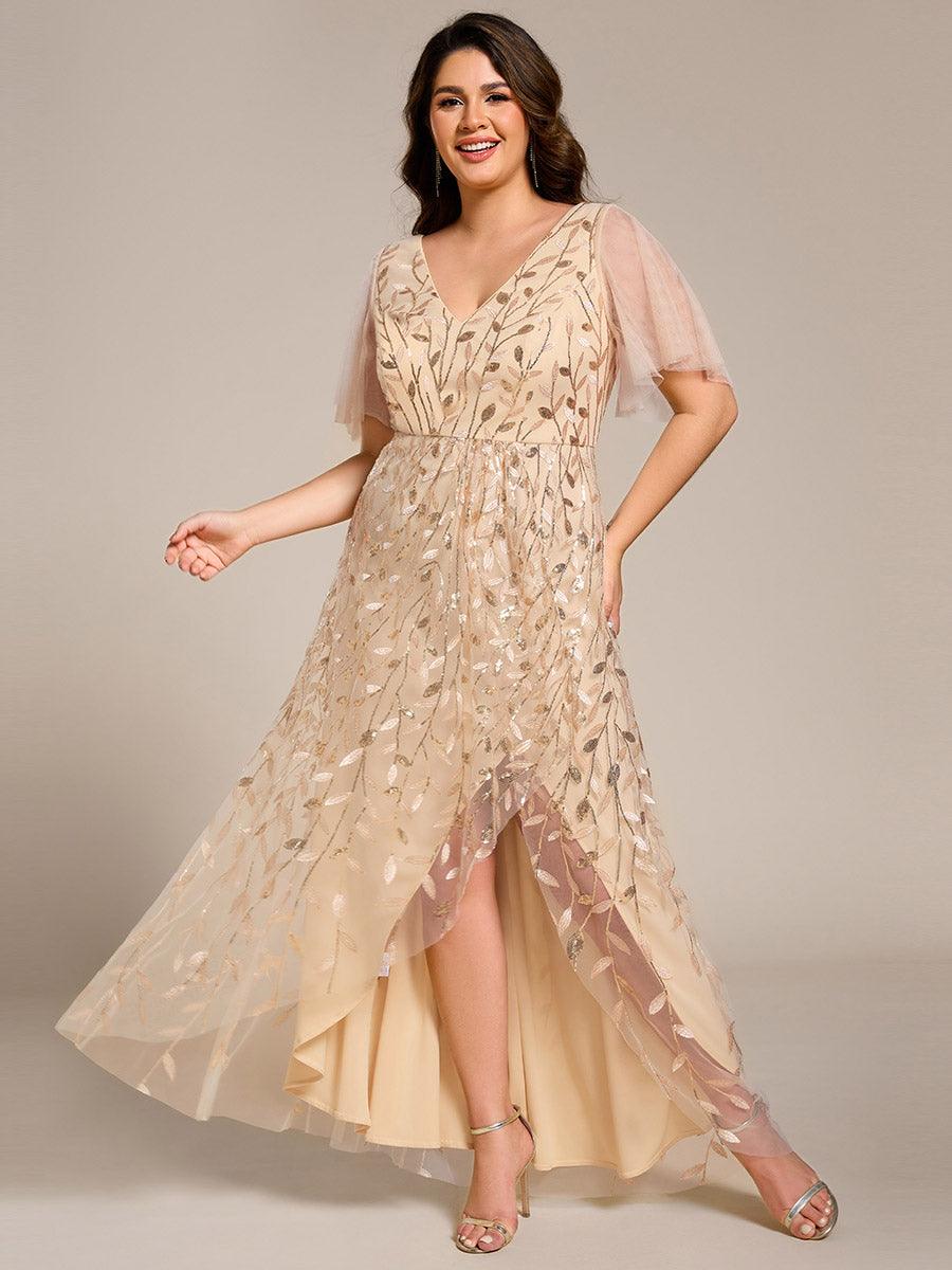Robes de soirée pailletées à col en V et fente haute #Couleur_Or