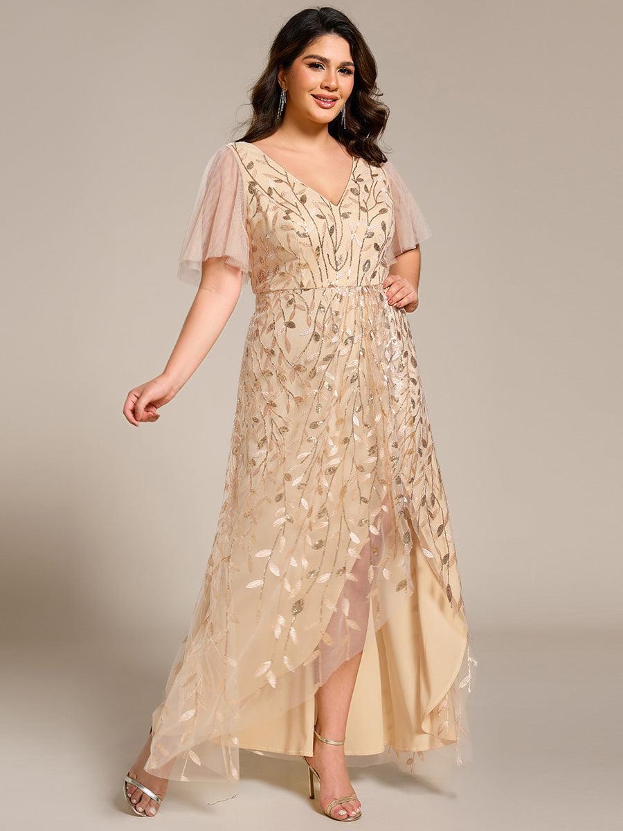 Robes de soirée pailletées à col en V et fente haute #Couleur_Or