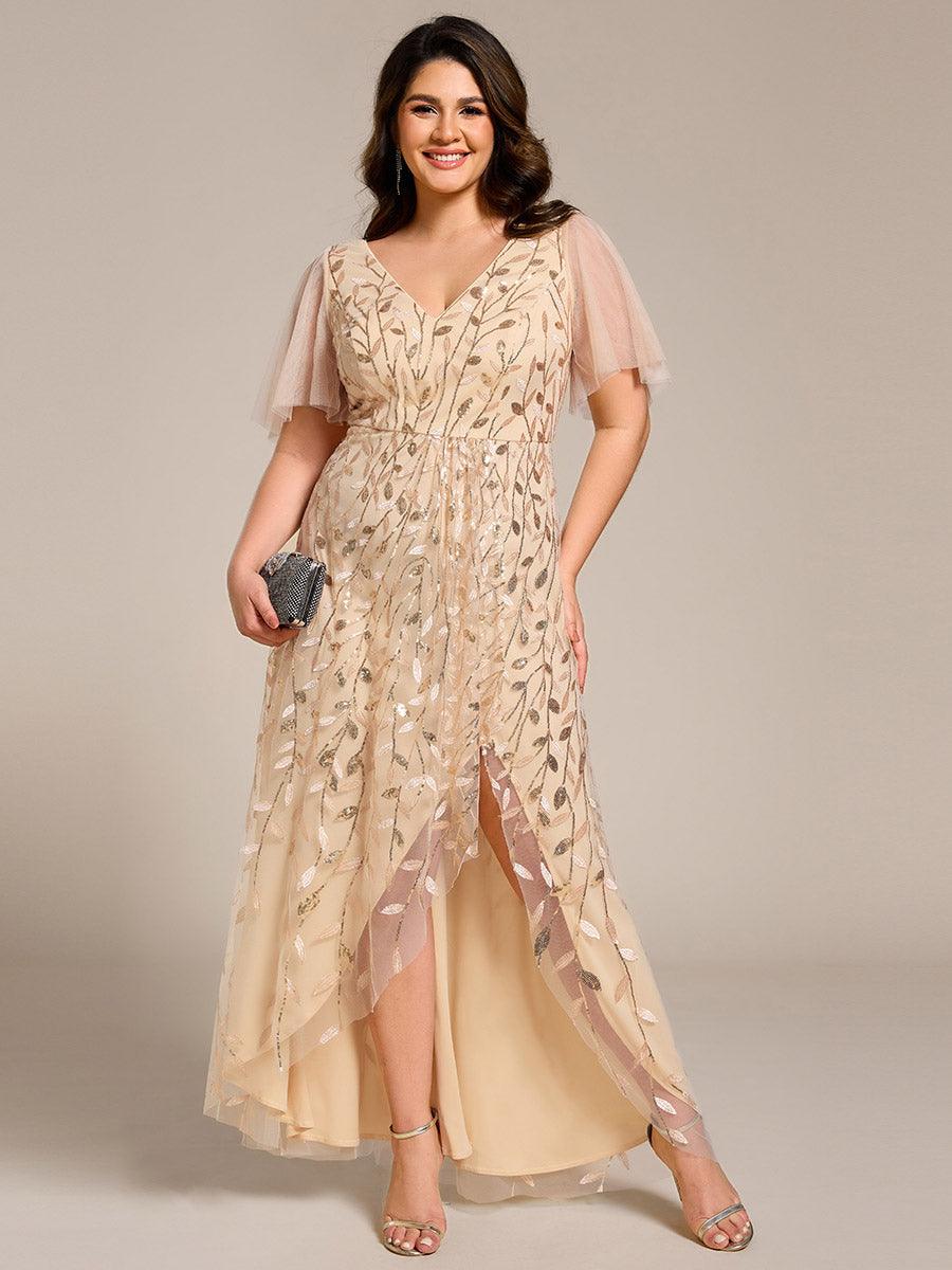Robes de soirée pailletées à col en V et fente haute #Couleur_Or
