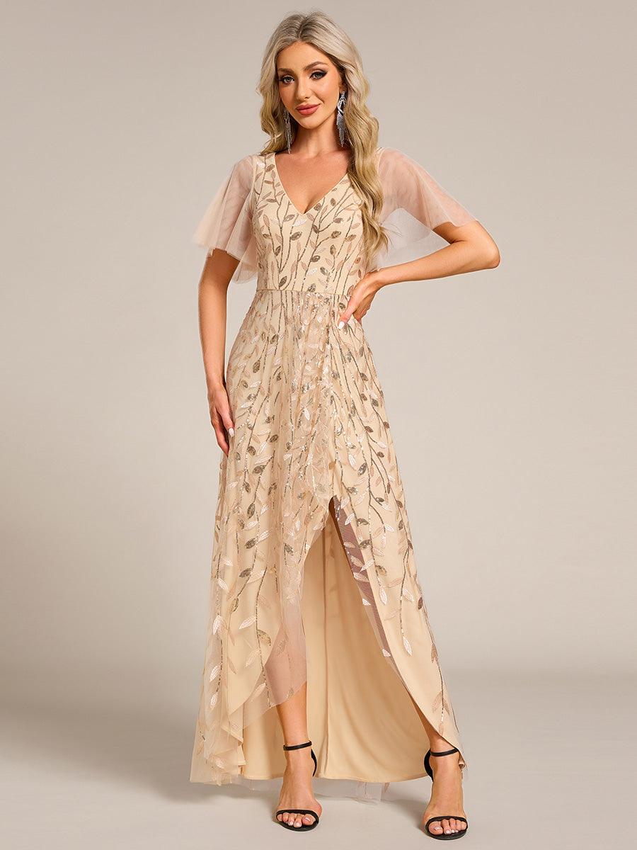 Robes de soirée pailletées à col en V et fente haute #Couleur_Or