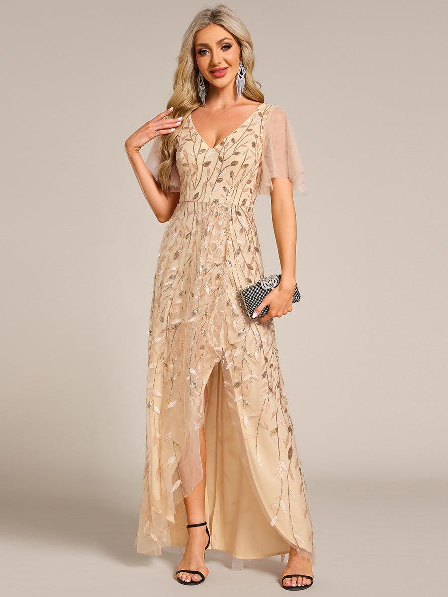 Robes de soirée pailletées à col en V et fente haute #Couleur_Or