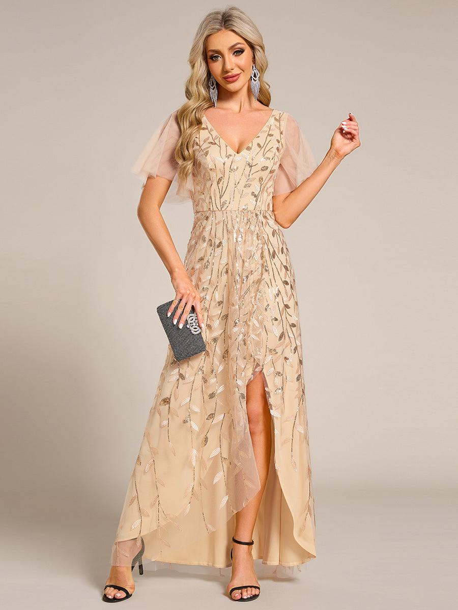 Robes de soirée pailletées à col en V et fente haute #Couleur_Or