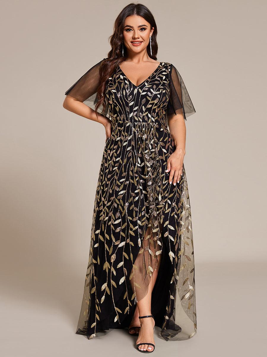 Robes de soirée pailletées à col en V et fente haute #Couleur_Noir & Or
