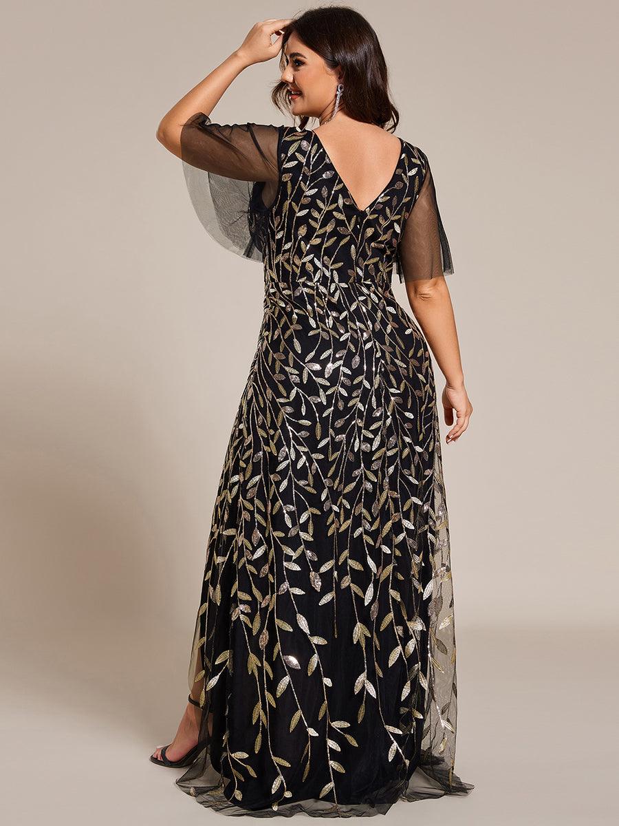 Robes de soirée pailletées à col en V et fente haute #Couleur_Noir & Or