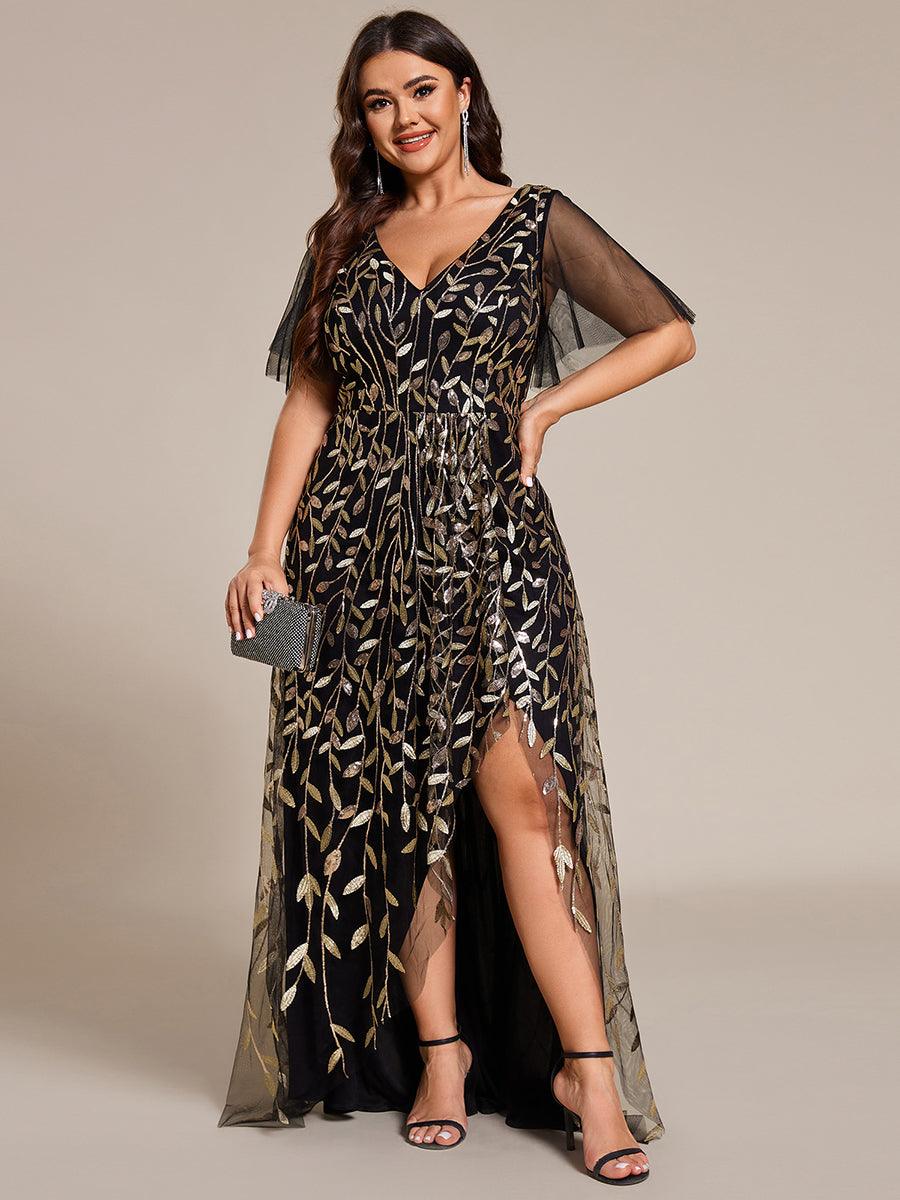Robes de soirée pailletées à col en V et fente haute #Couleur_Noir & Or