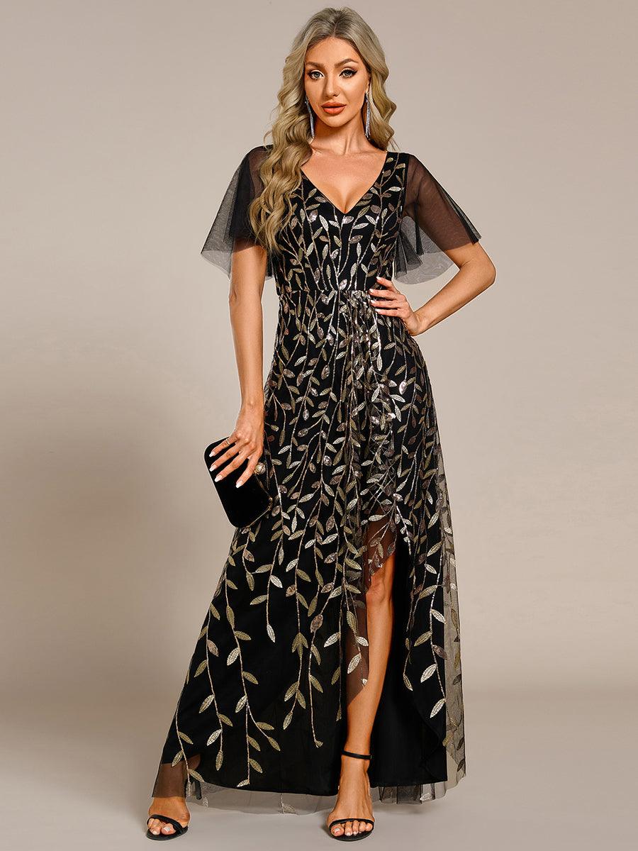 Robes de soirée pailletées à col en V et fente haute #Couleur_Noir & Or