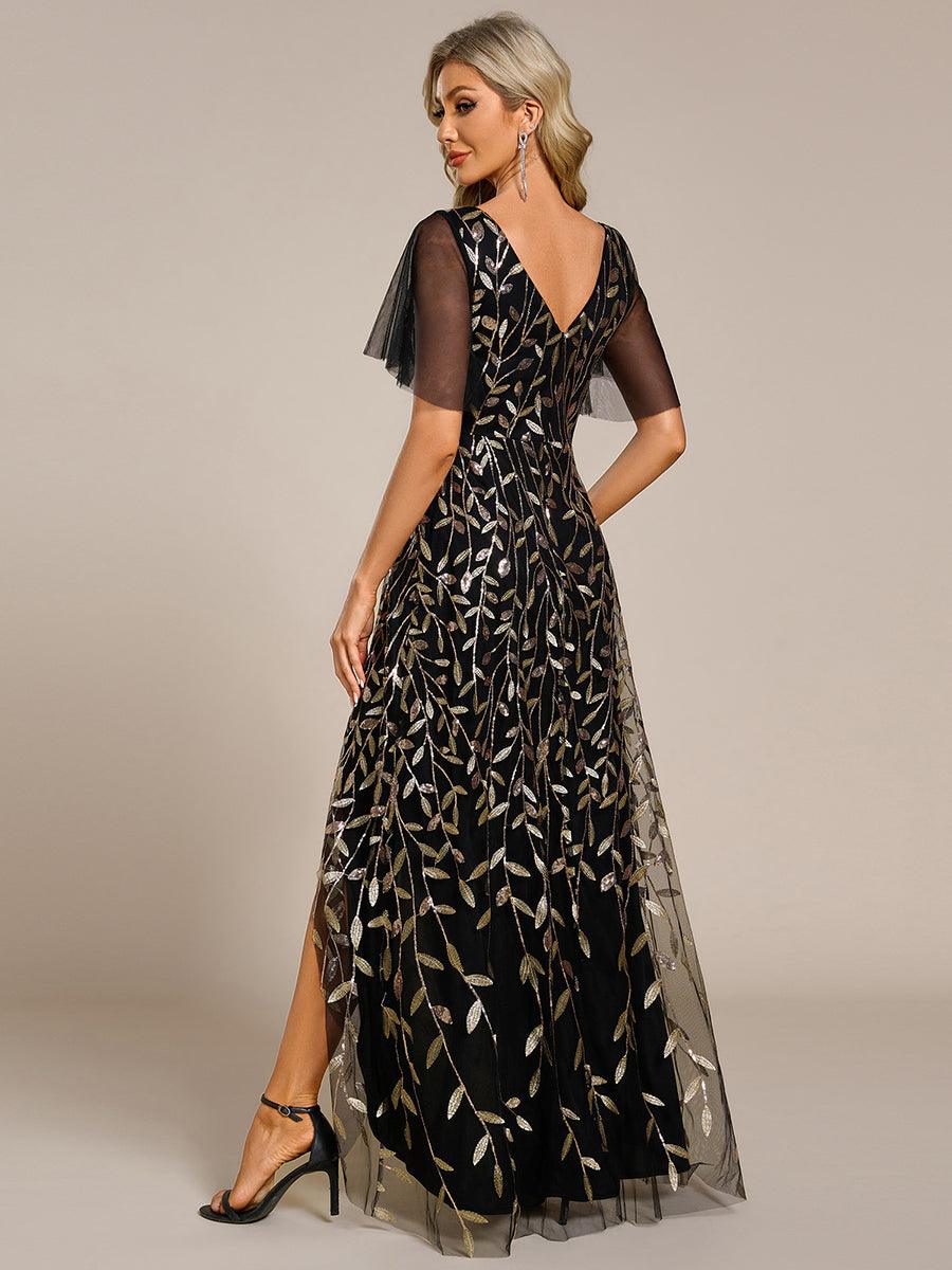 Robes de soirée pailletées à col en V et fente haute #Couleur_Noir & Or