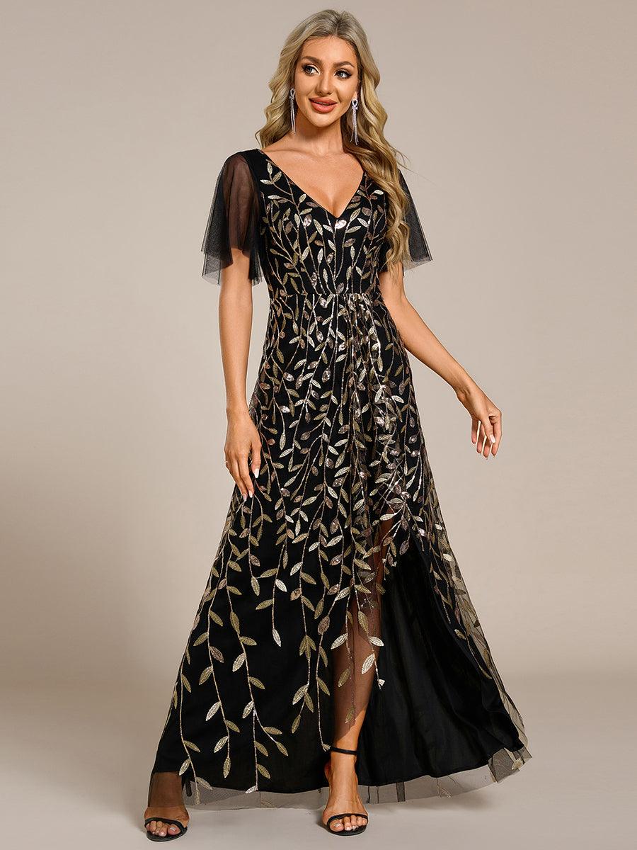 Robes de soirée pailletées à col en V et fente haute #Couleur_Noir & Or