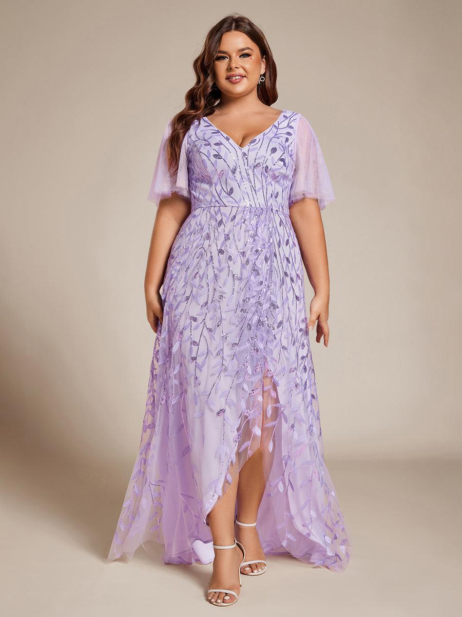 Robes de soirée pailletées à col en V et fente haute #Couleur_Lavande