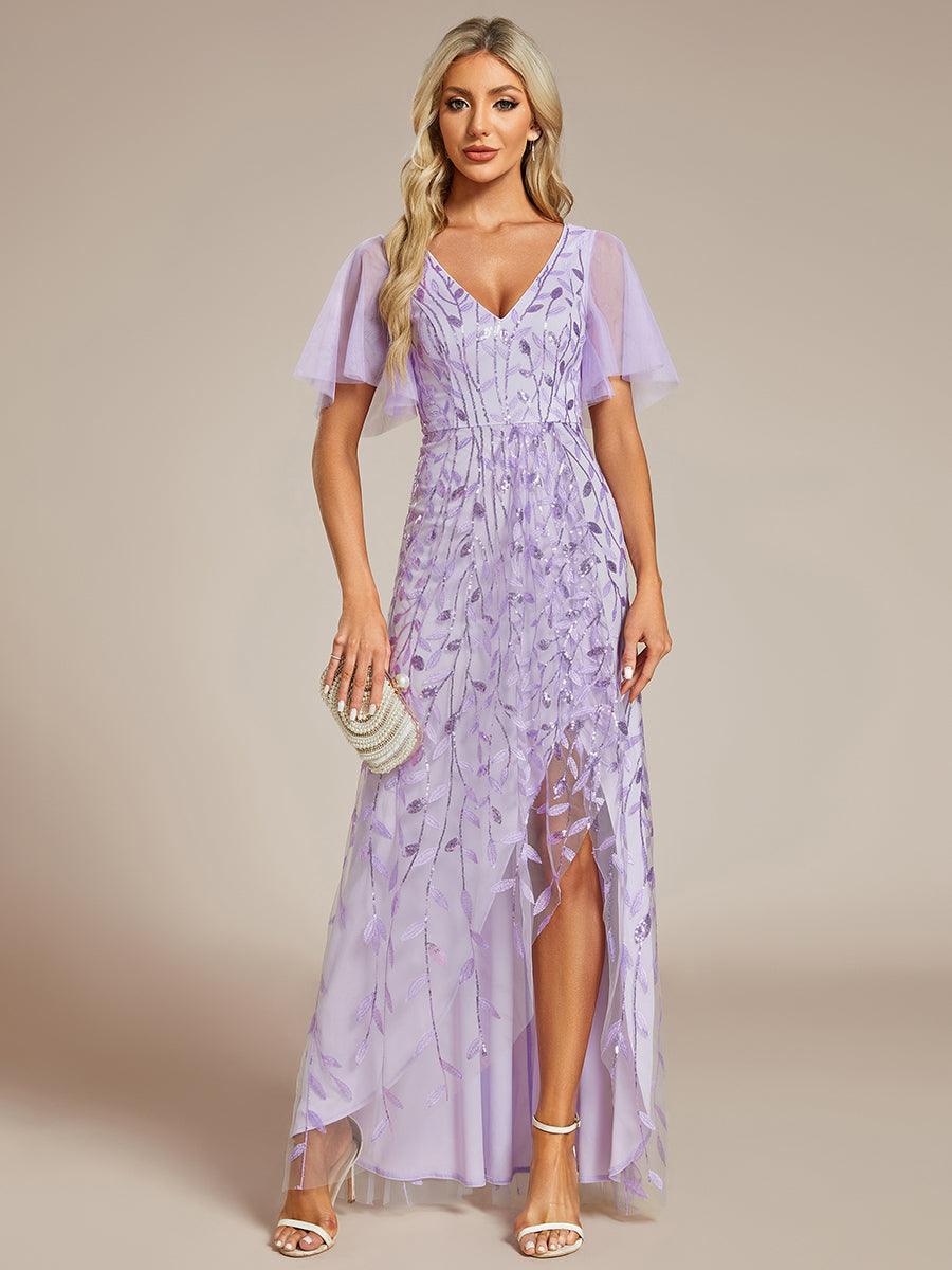 Robes de soirée pailletées à col en V et fente haute #Couleur_Lavande