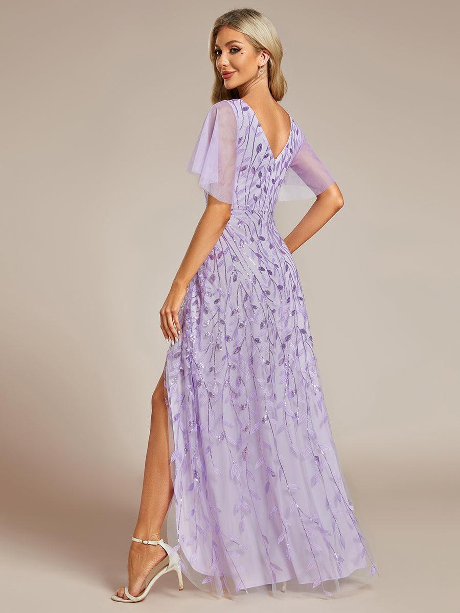 Robes de soirée pailletées à col en V et fente haute #Couleur_Lavande