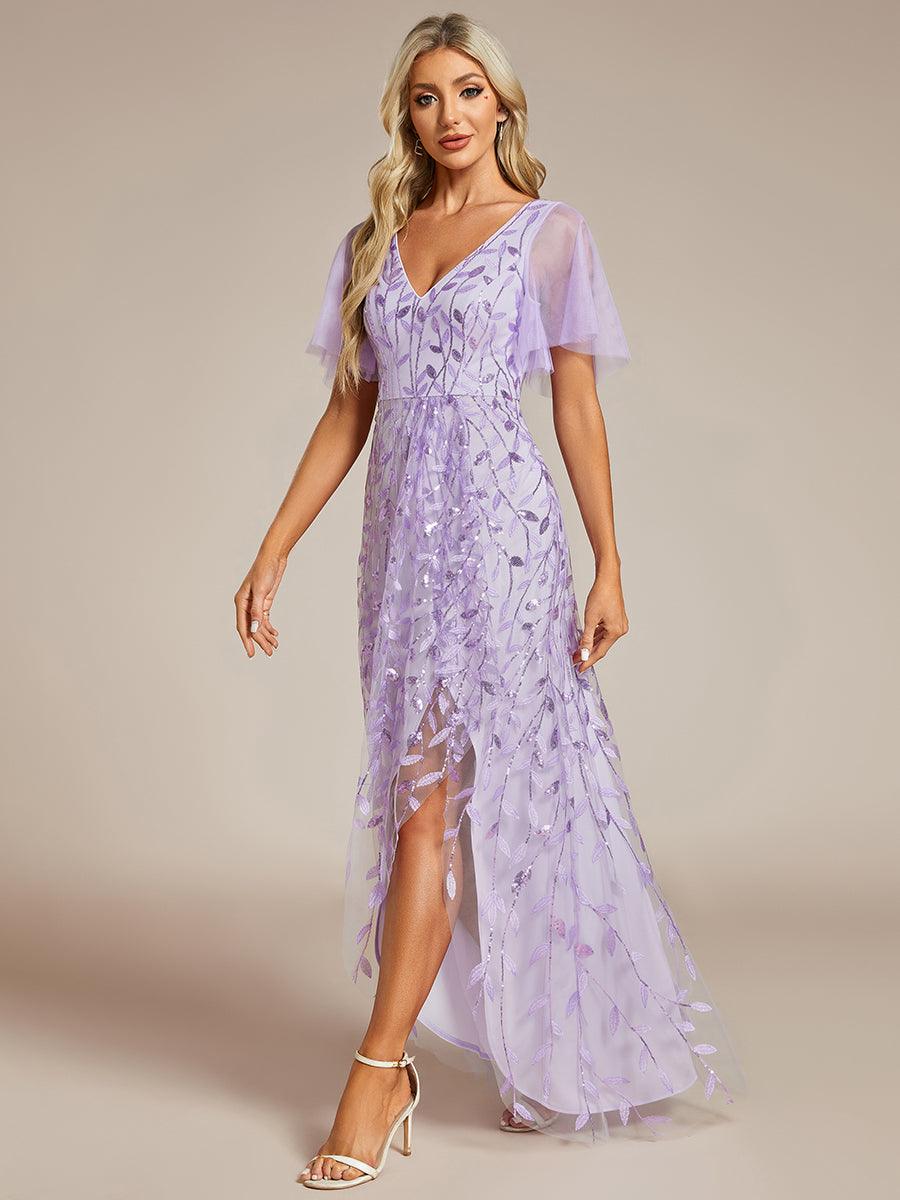 Robes de soirée pailletées à col en V et fente haute #Couleur_Lavande