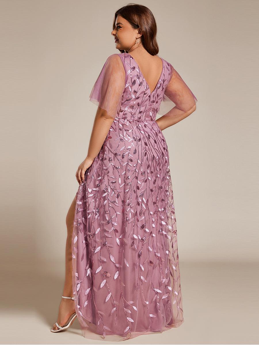 Robes de soirée pailletées à col en V et fente haute #Couleur_Orchidee