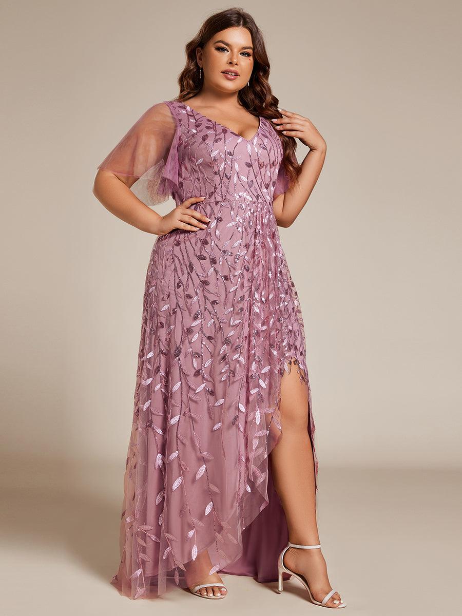 Robes de soirée pailletées à col en V et fente haute #Couleur_Orchidee