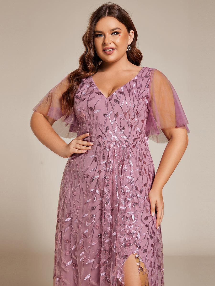 Robes de soirée pailletées à col en V et fente haute #Couleur_Orchidee
