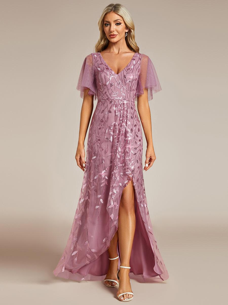 Robes de soirée pailletées à col en V et fente haute #Couleur_Orchidee