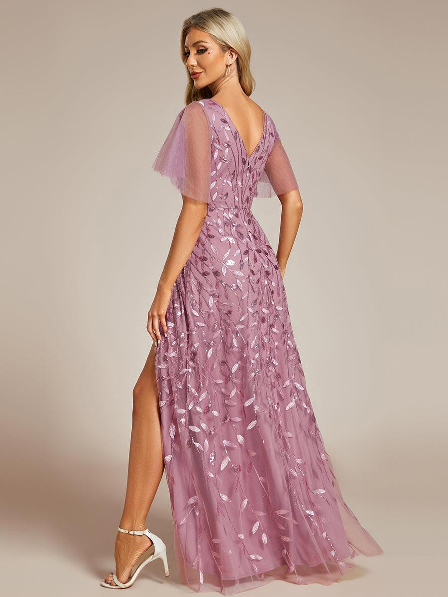 Robes de soirée pailletées à col en V et fente haute #Couleur_Orchidee