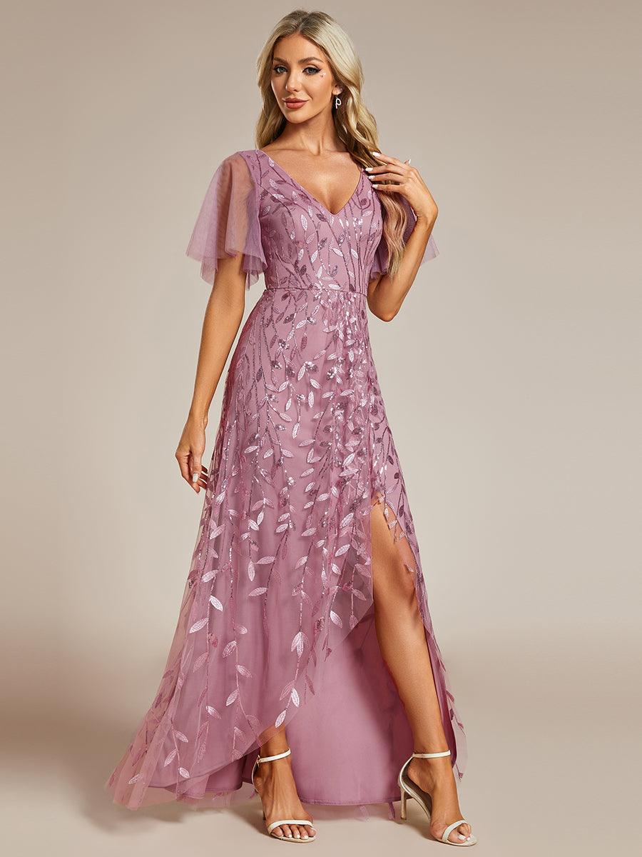 Robes de soirée pailletées à col en V et fente haute #Couleur_Orchidee
