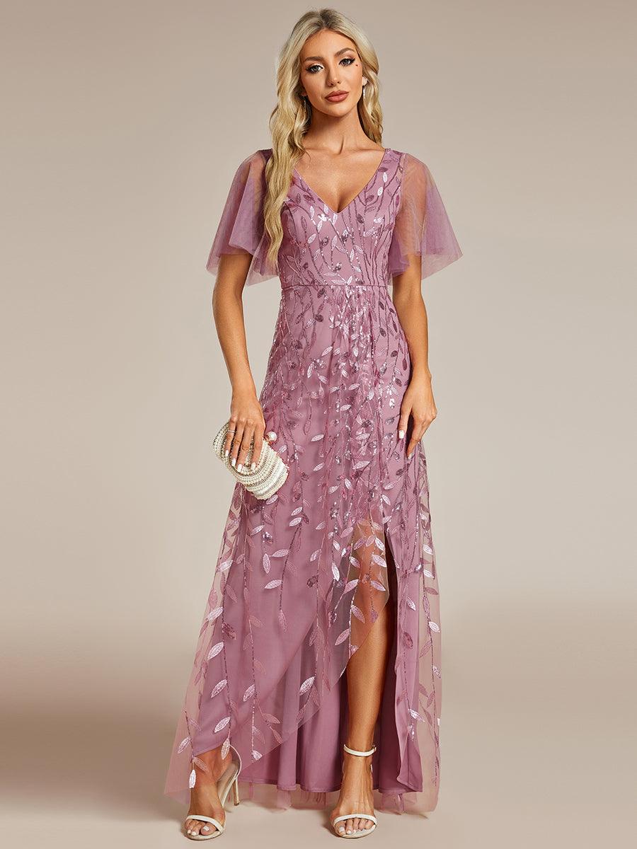 Robes de soirée pailletées à col en V et fente haute #Couleur_Orchidee