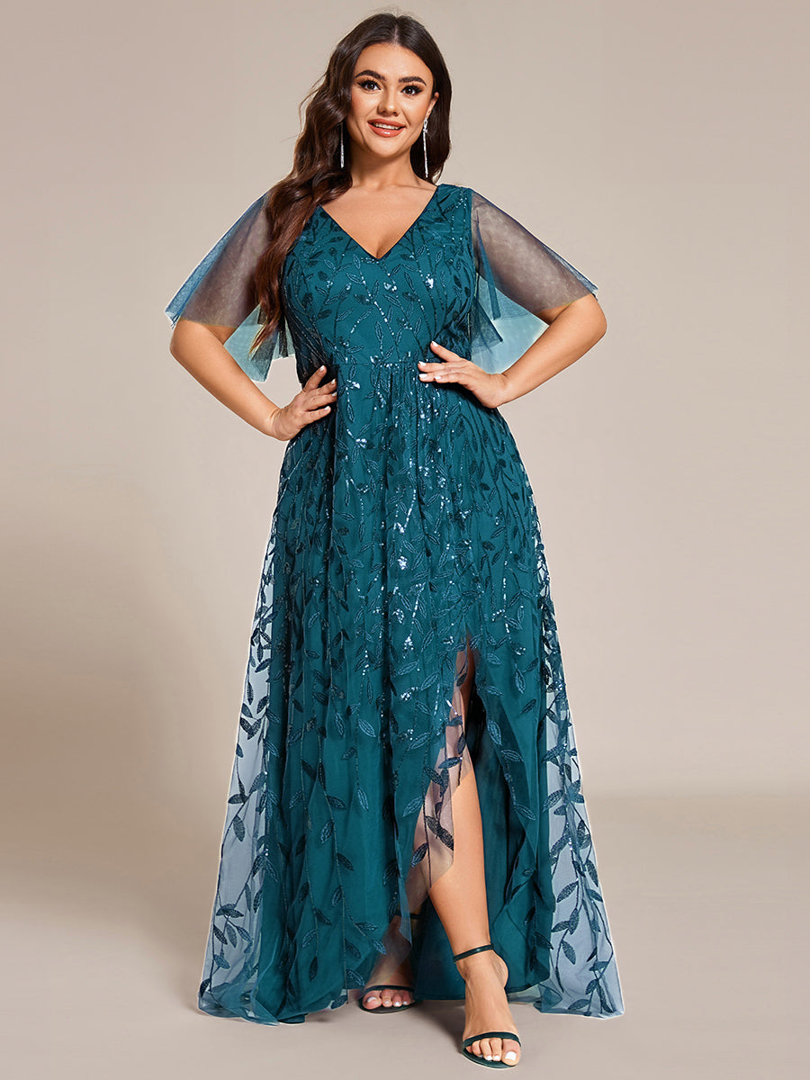 Robes de soirée pailletées à col en V et fente haute #Couleur_Bleu Sarcelle