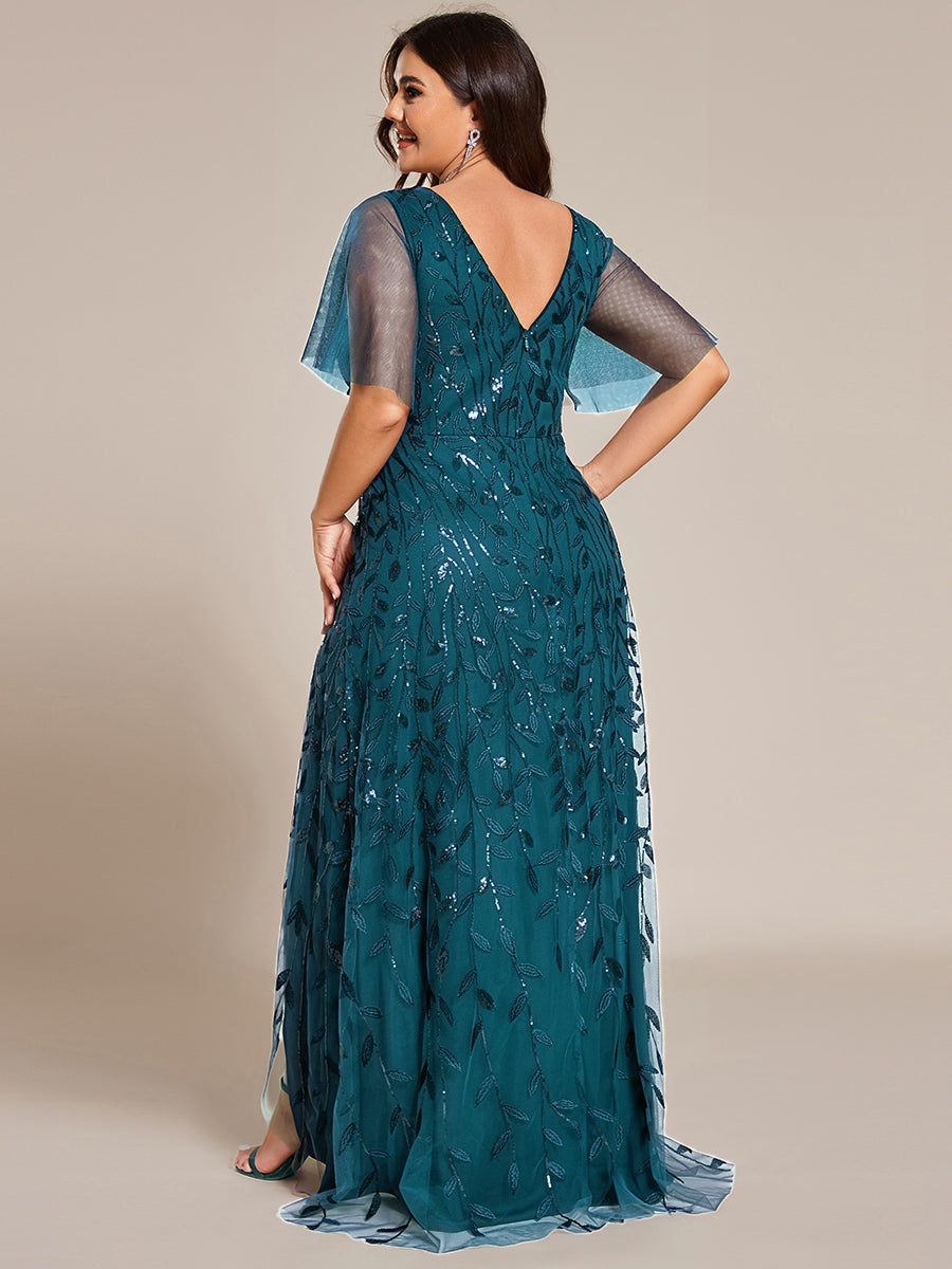 Robes de soirée pailletées à col en V et fente haute #Couleur_Bleu Sarcelle
