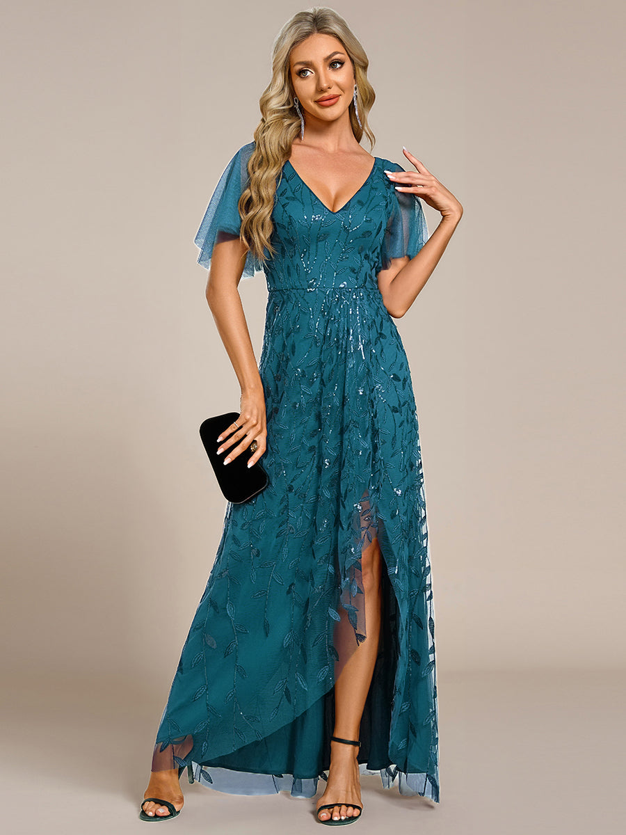 Robes de soirée pailletées à col en V et fente haute #Couleur_Bleu Sarcelle