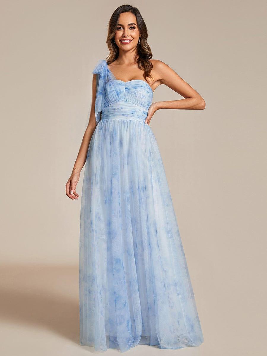 Robe de soirée taille empire florale sans bretelles multidirectionnelle avec plissé #Couleur_Bleu Glace