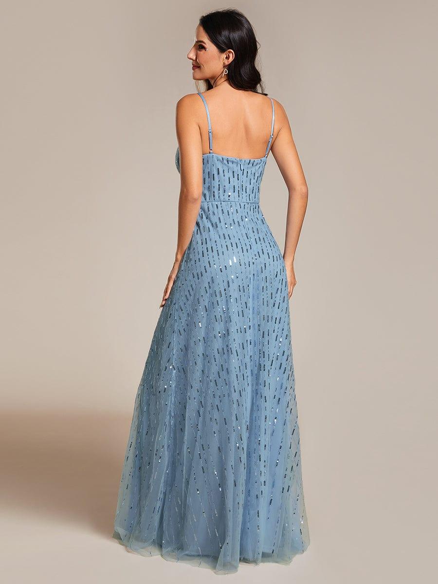 Robe de soirée taille haute à col en V profond et à paillettes ornée de bretelles spaghetti #Couleur_Bleu Clair