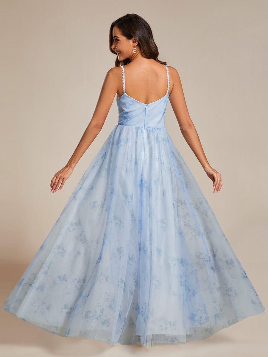 Robe de soirée florale à bretelles spaghetti et taille empire avec col en V #Couleur_Bleu Glace