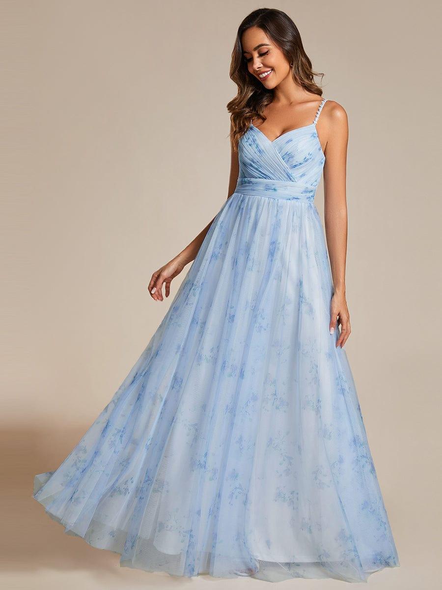 Robe de soirée florale à bretelles spaghetti et taille empire avec col en V #Couleur_Bleu Glace