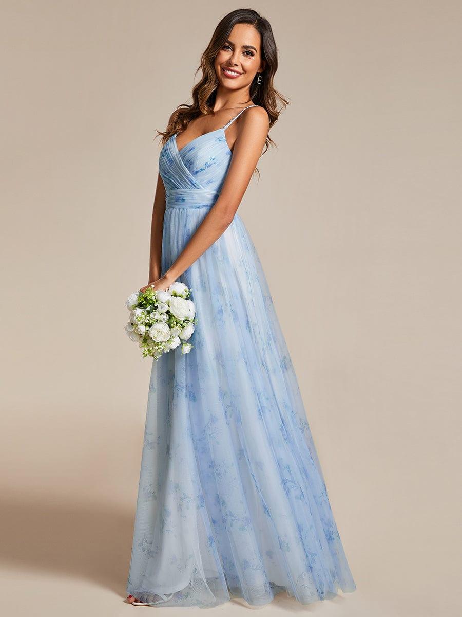Robe de soirée florale à bretelles spaghetti et taille empire avec col en V #Couleur_Bleu Glace