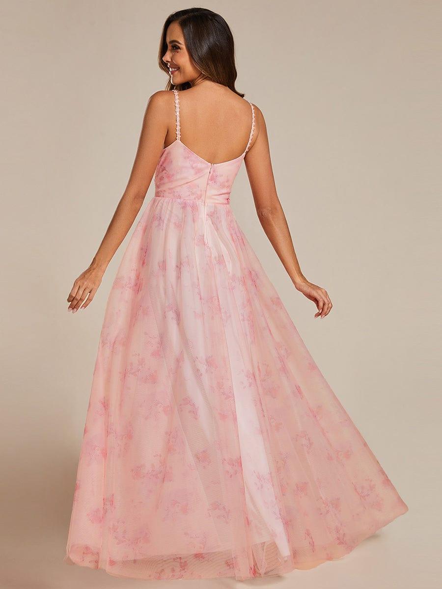 Robe de soirée florale à bretelles spaghetti et taille empire avec col en V #Couleur_Rose