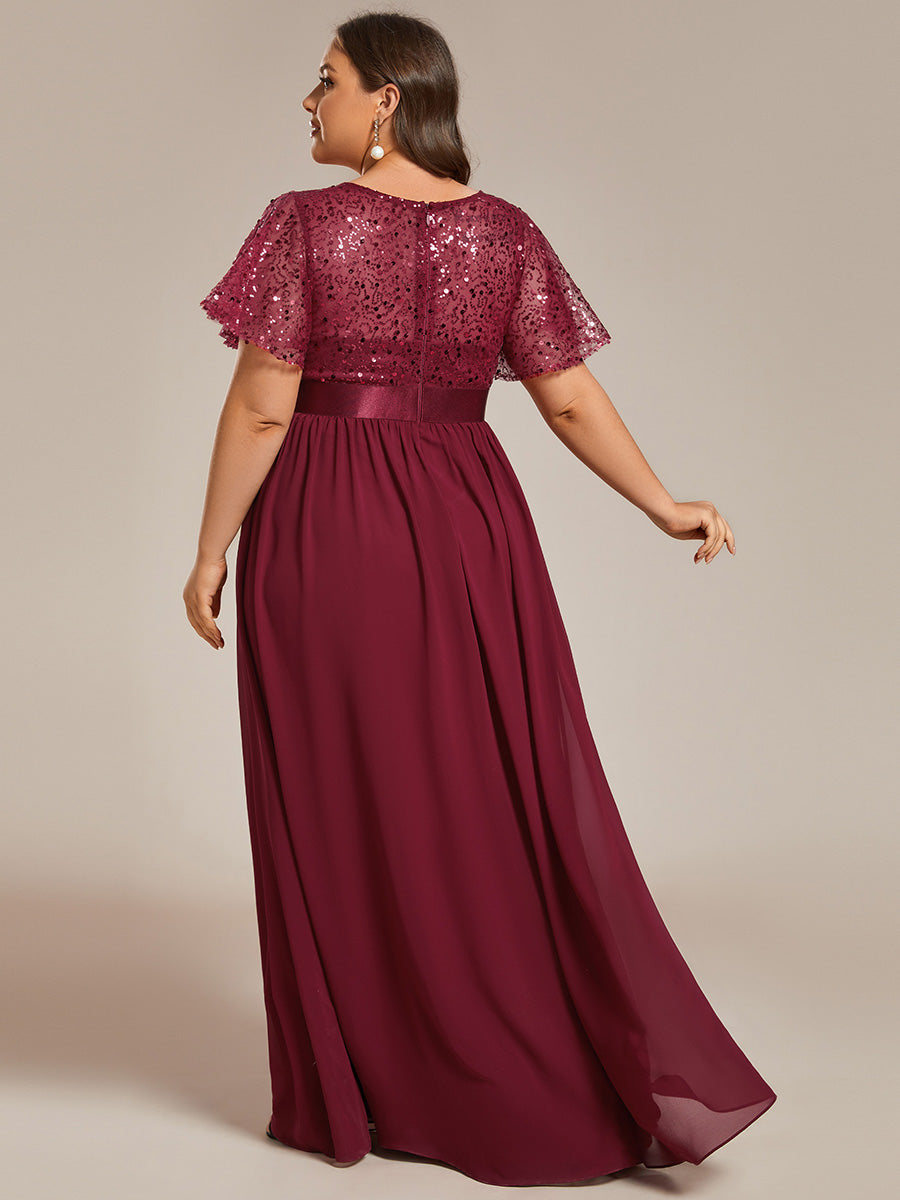 Robe de soirée à manches courtes et col rond à sequins taille haute(Vente finale) #Couleur_Bordeaux
