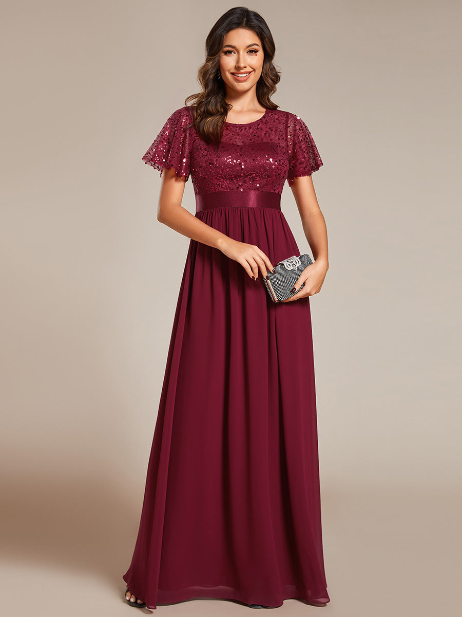 Robe de soirée à manches courtes et col rond à sequins taille haute(Vente finale) #Couleur_Bordeaux