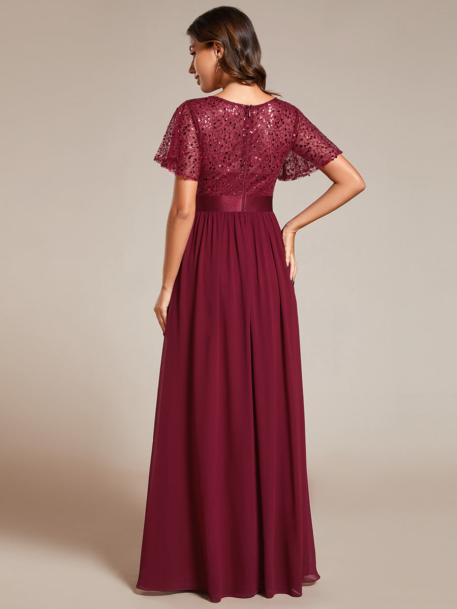 Robe de soirée à manches courtes et col rond à sequins taille haute(Vente finale) #Couleur_Bordeaux