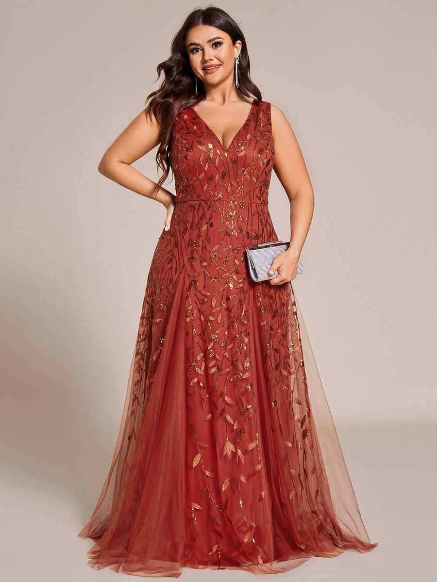 Robes de soirée trapèze pailletées sans manches à col en V #Couleur_Orange Brûlée