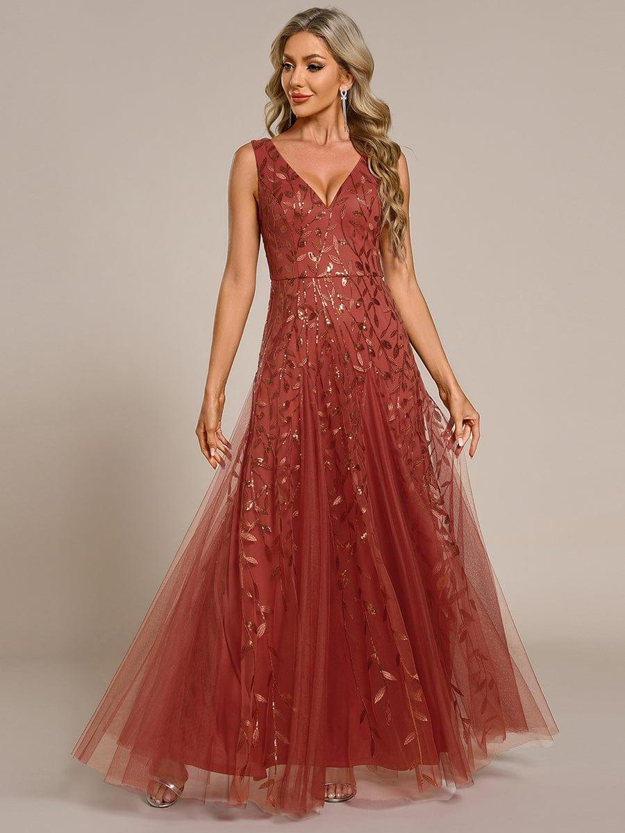 Robes de soirée trapèze pailletées sans manches à col en V #Couleur_Orange Brûlée
