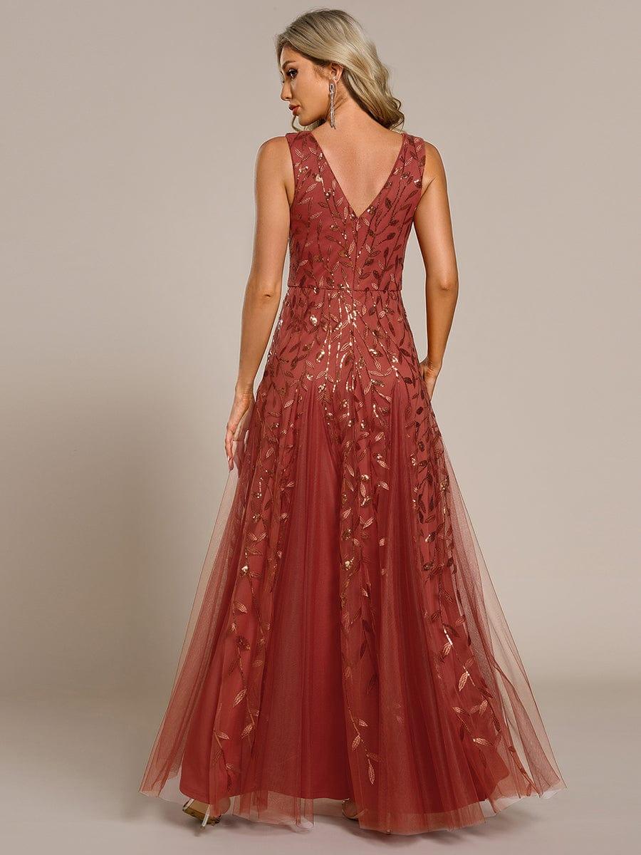 Robes de soirée trapèze pailletées sans manches à col en V #Couleur_Orange Brûlée