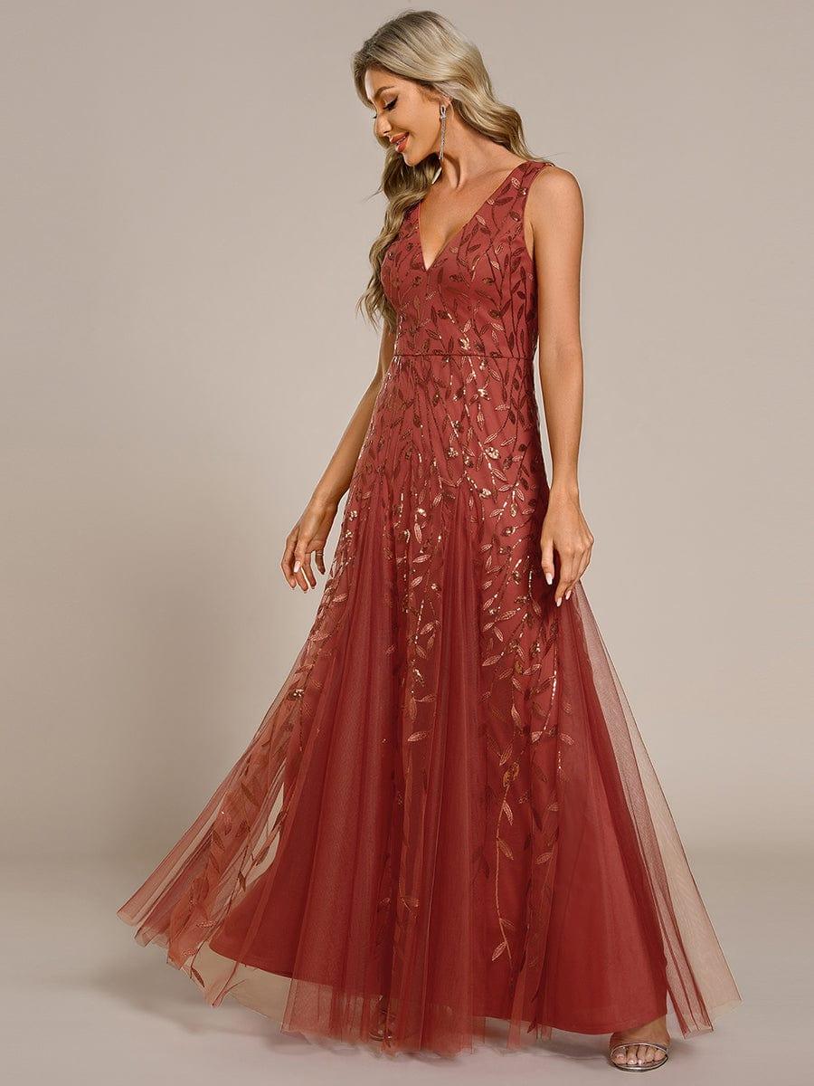 Robes de soirée trapèze pailletées sans manches à col en V #Couleur_Orange Brûlée