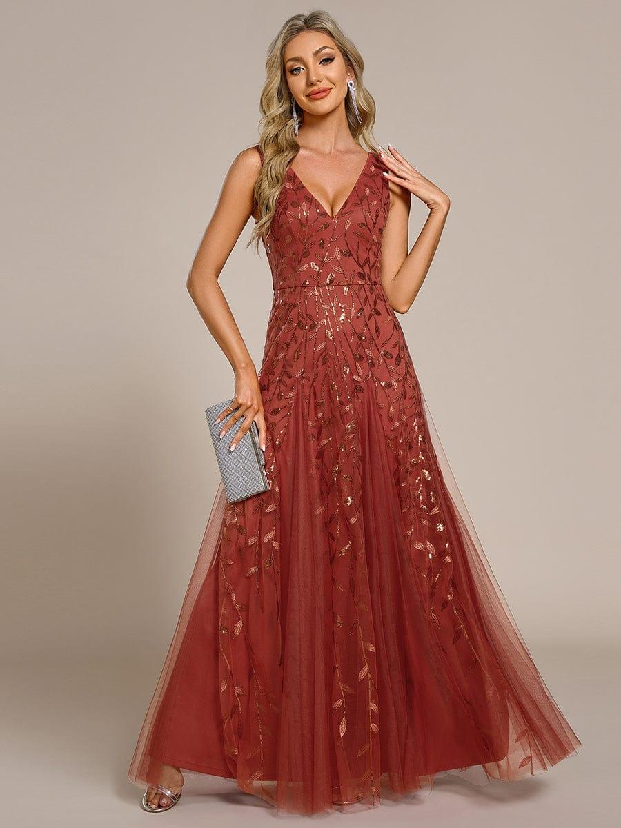 Robes de soirée trapèze pailletées sans manches à col en V #Couleur_Orange Brûlée