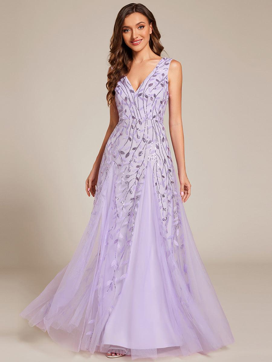 Robes de soirée trapèze pailletées sans manches à col en V #Couleur_Lavande