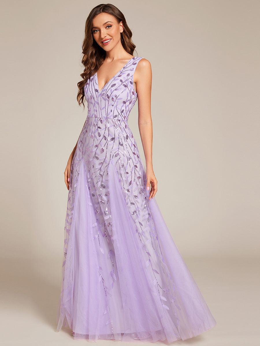 Robes de soirée trapèze pailletées sans manches à col en V #Couleur_Lavande