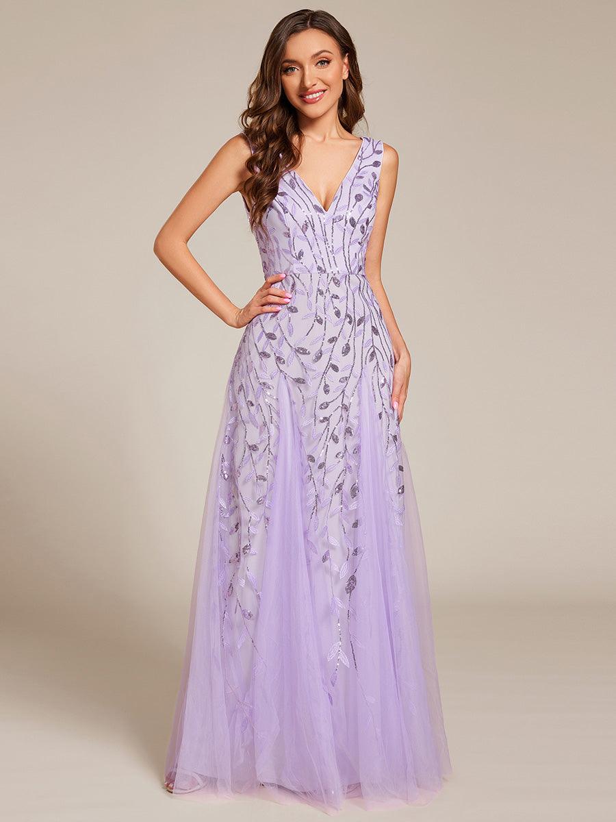 Robes de soirée trapèze pailletées sans manches à col en V #Couleur_Lavande