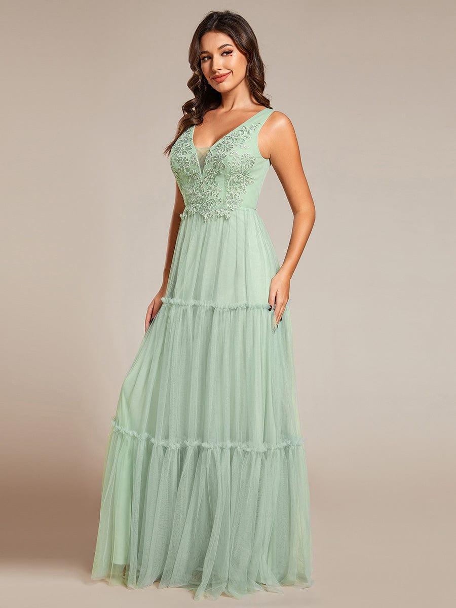 Robe de soirée en tulle transparent sans manches avec appliques #Couleur_Menthe Verte
